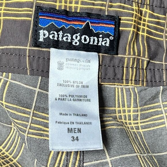 Patagonia Mens Board Surf Beach Shorts Mustard Brown Plaid Print Sz 34 Host Pick - Picture 3 of 7